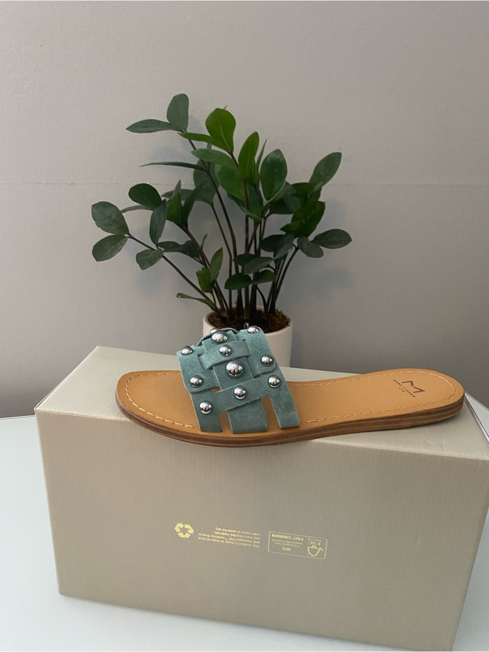 Marc Fisher Teal Suede Studded Slide Sandal